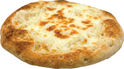 A cheese pie seen from the side with melted mozzarella